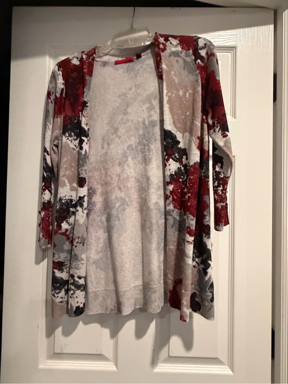 Red Abstract Floral Open-Front Cardigan - Red, Gray, Cream